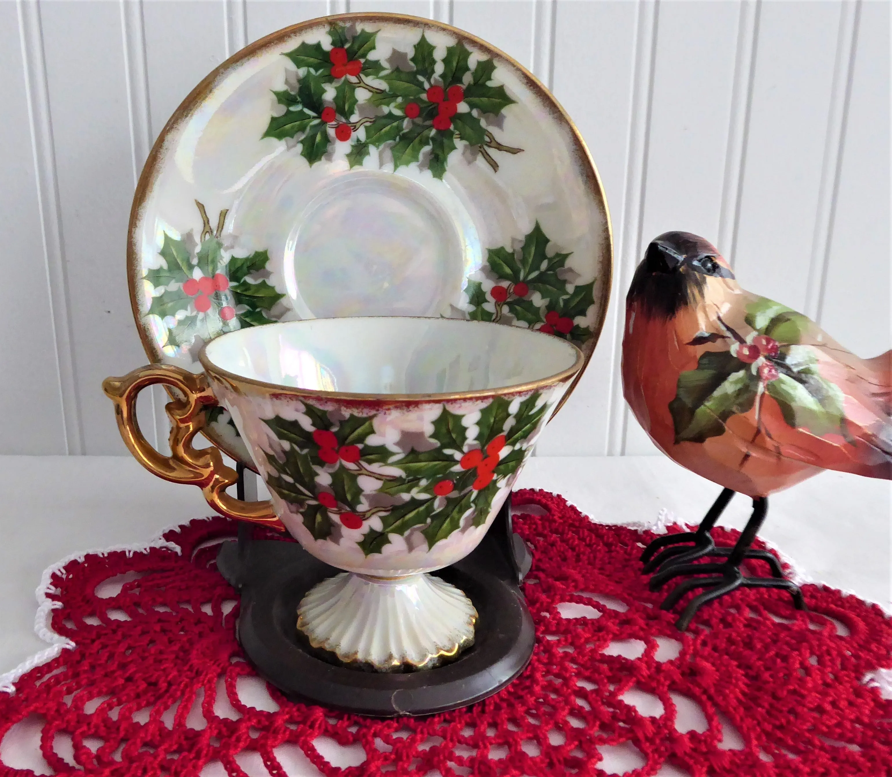 Holly Cup And Saucer Japanese Luster December 1950s Norcrest Vintage Christmas