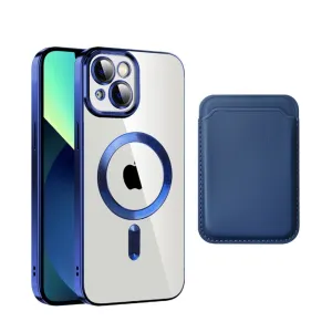iPhone 13 2in1 MagSafe Hybrid Case TPU Bumper   Leather Wallet Credit Card Holder - Blue / Transparent