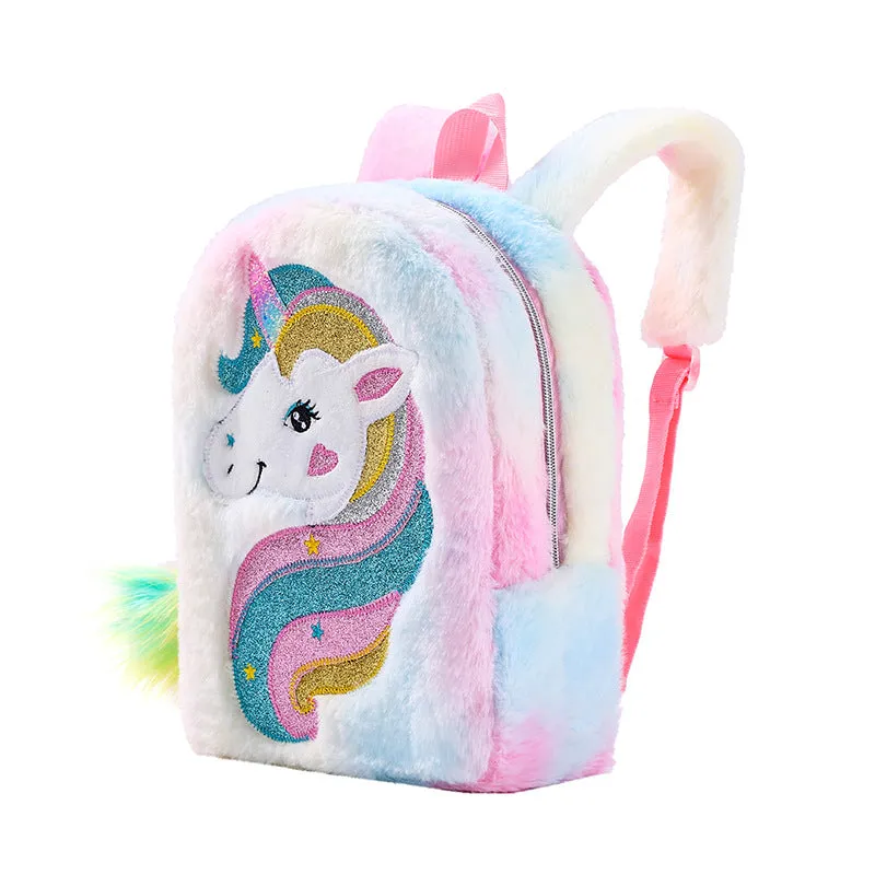 Kids Little Girls Unicorn Cute Cartoon Embroidered Plush Schoolbags Casual Backpack