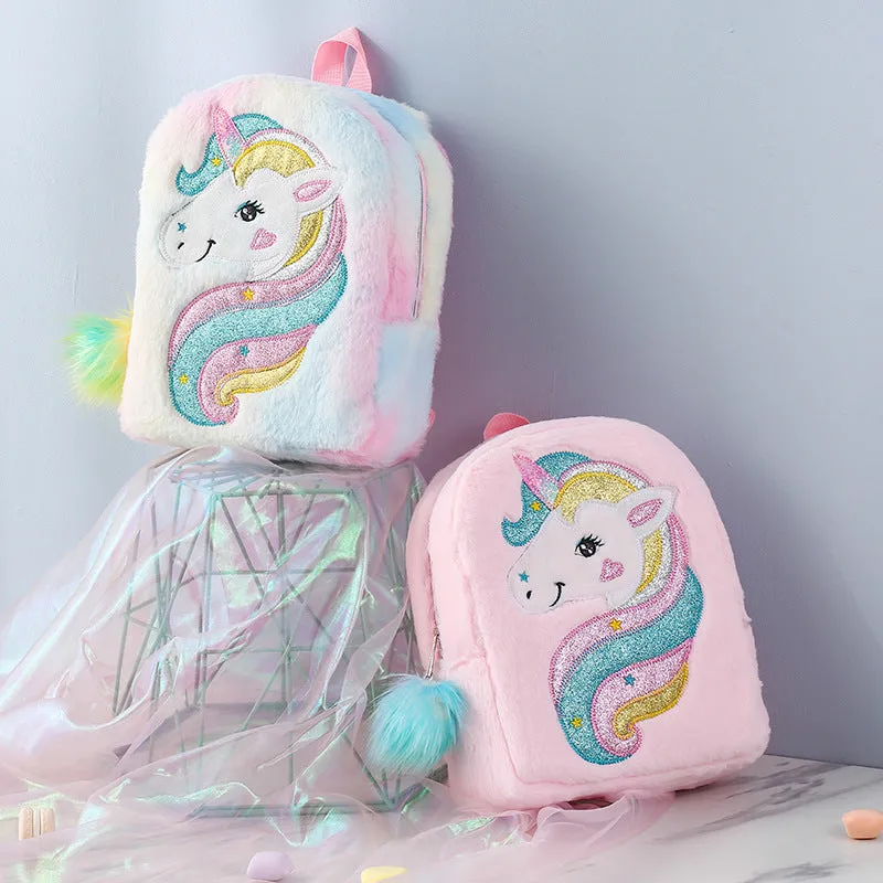 Kids Little Girls Unicorn Cute Cartoon Embroidered Plush Schoolbags Casual Backpack