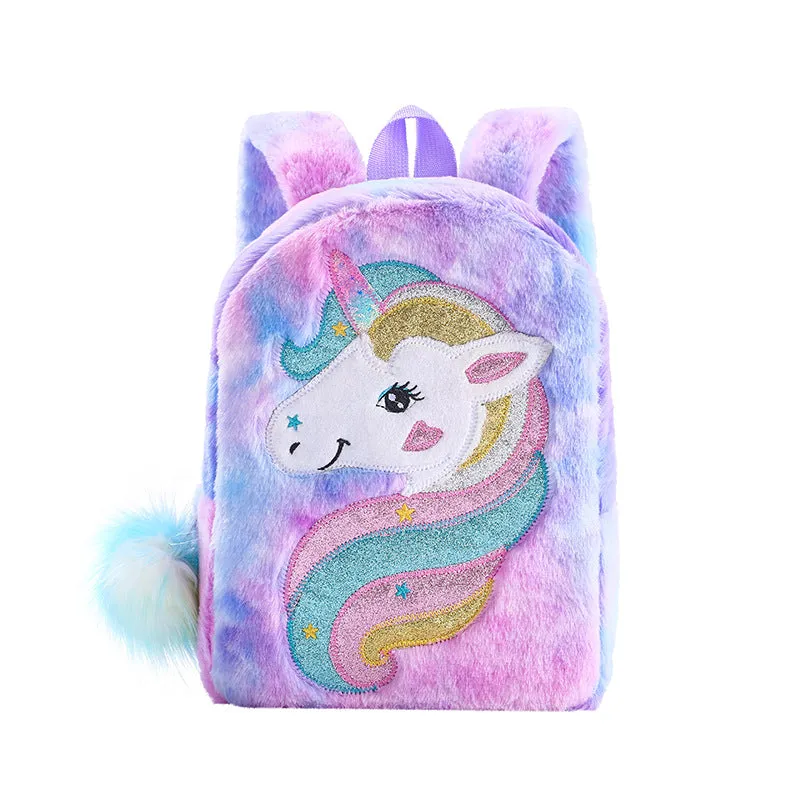 Kids Little Girls Unicorn Cute Cartoon Embroidered Plush Schoolbags Casual Backpack