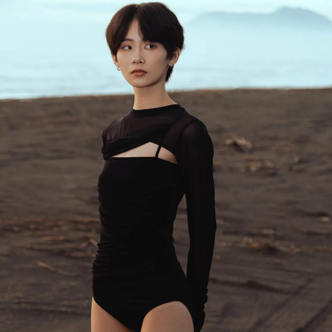 Mesh Drape One-piece - BLACK