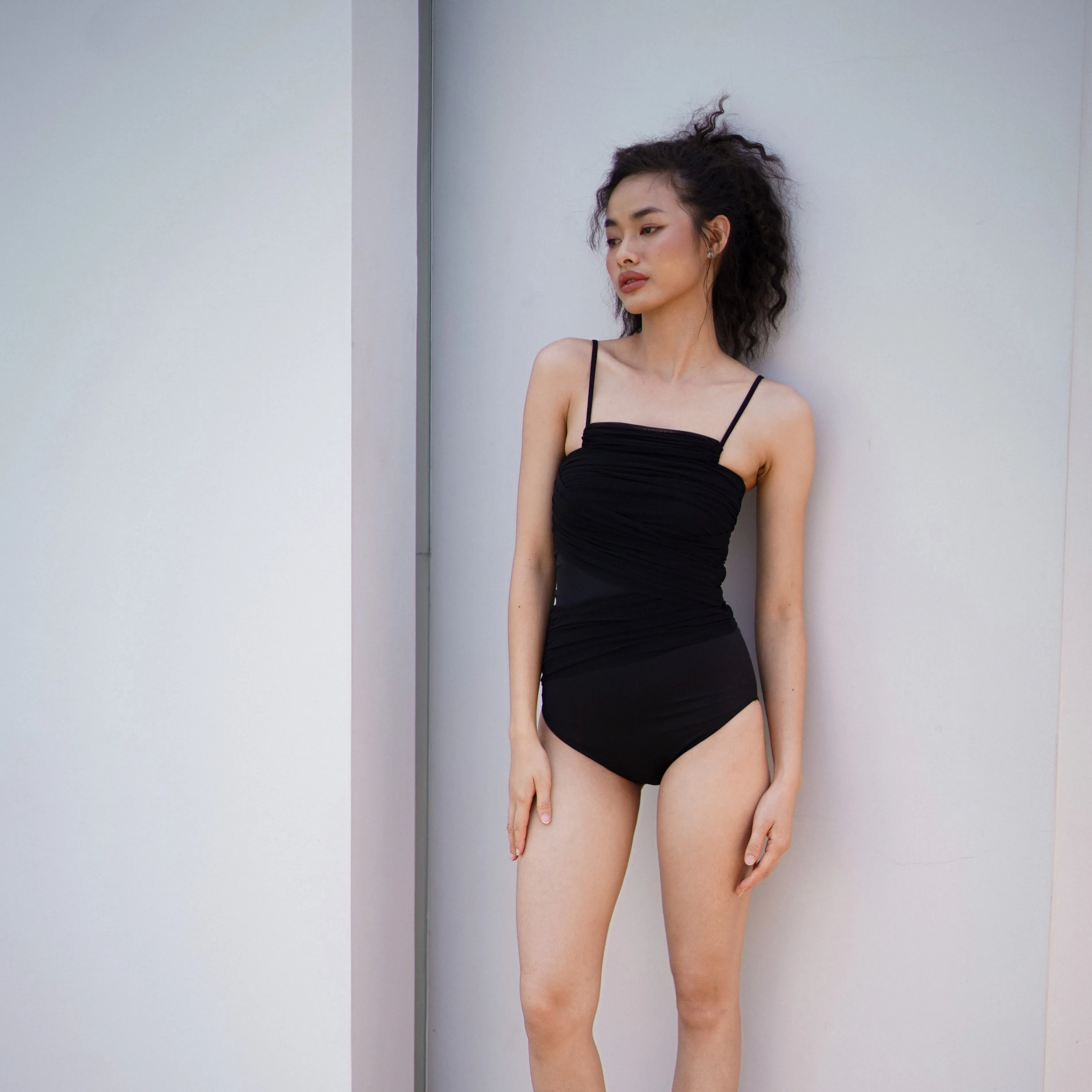 Mesh Drape One-piece - BLACK