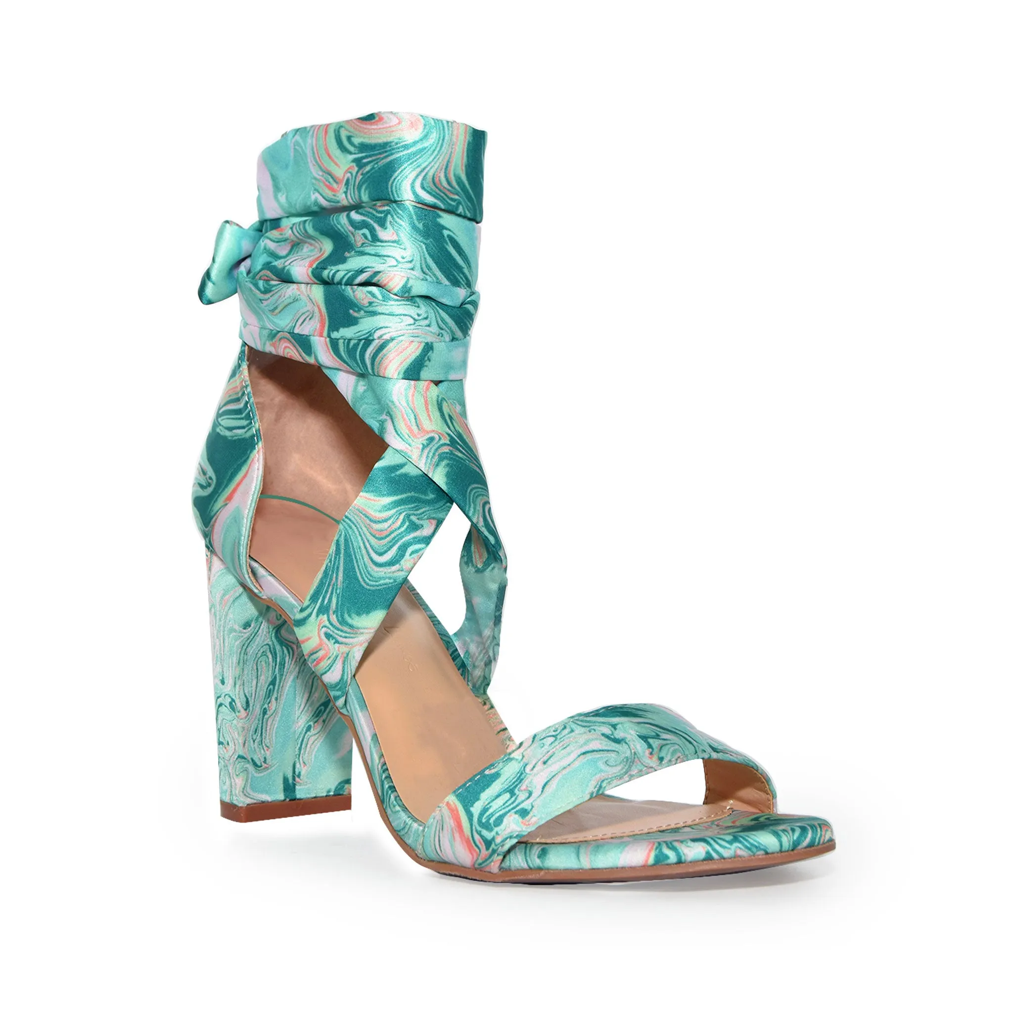 MORRY-07 Satin Lace-Up Marble Block Heel Sandals