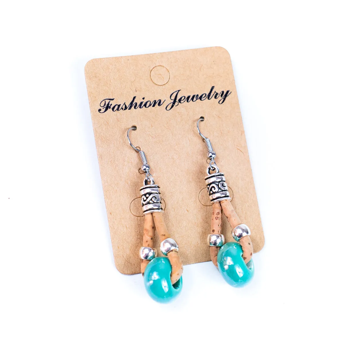 Natural cork and colorful ceramic beads handmade women's earrings-ER-151-MIX-5