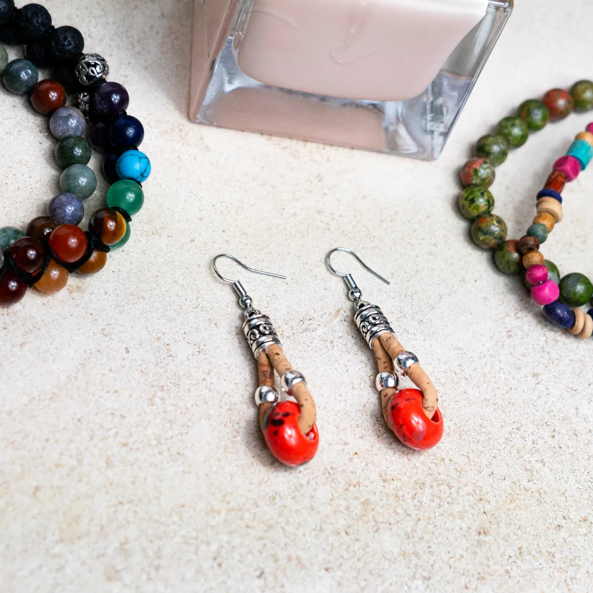 Natural cork and colorful ceramic beads handmade women's earrings-ER-151-MIX-5
