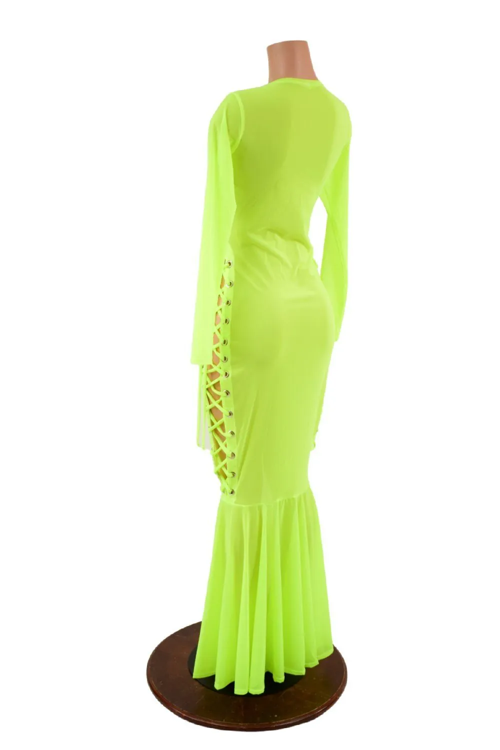 Neon Yellow Mesh Lace Up Gown