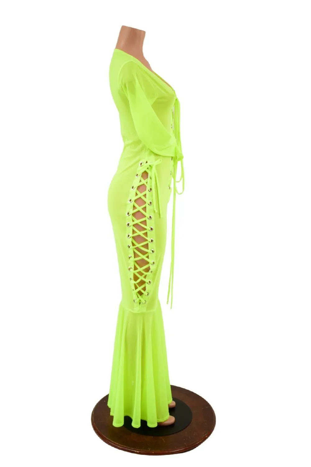 Neon Yellow Mesh Lace Up Gown