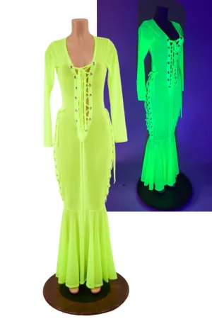Neon Yellow Mesh Lace Up Gown