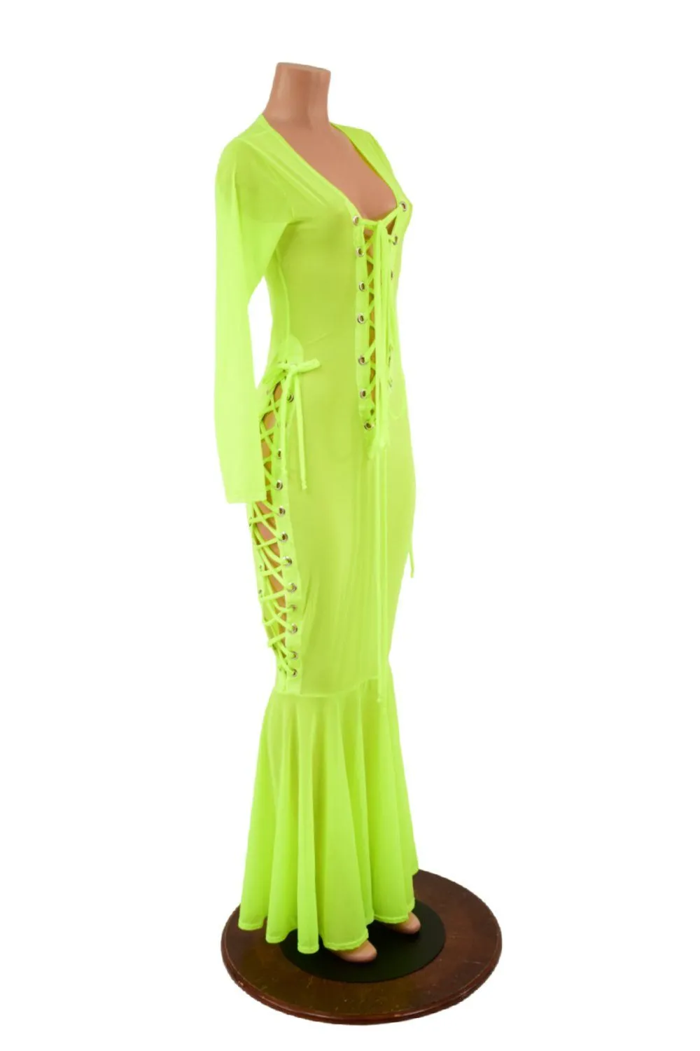 Neon Yellow Mesh Lace Up Gown