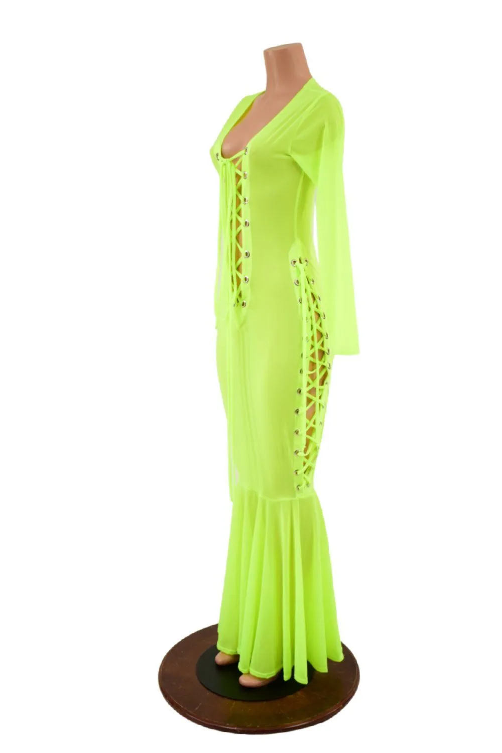 Neon Yellow Mesh Lace Up Gown
