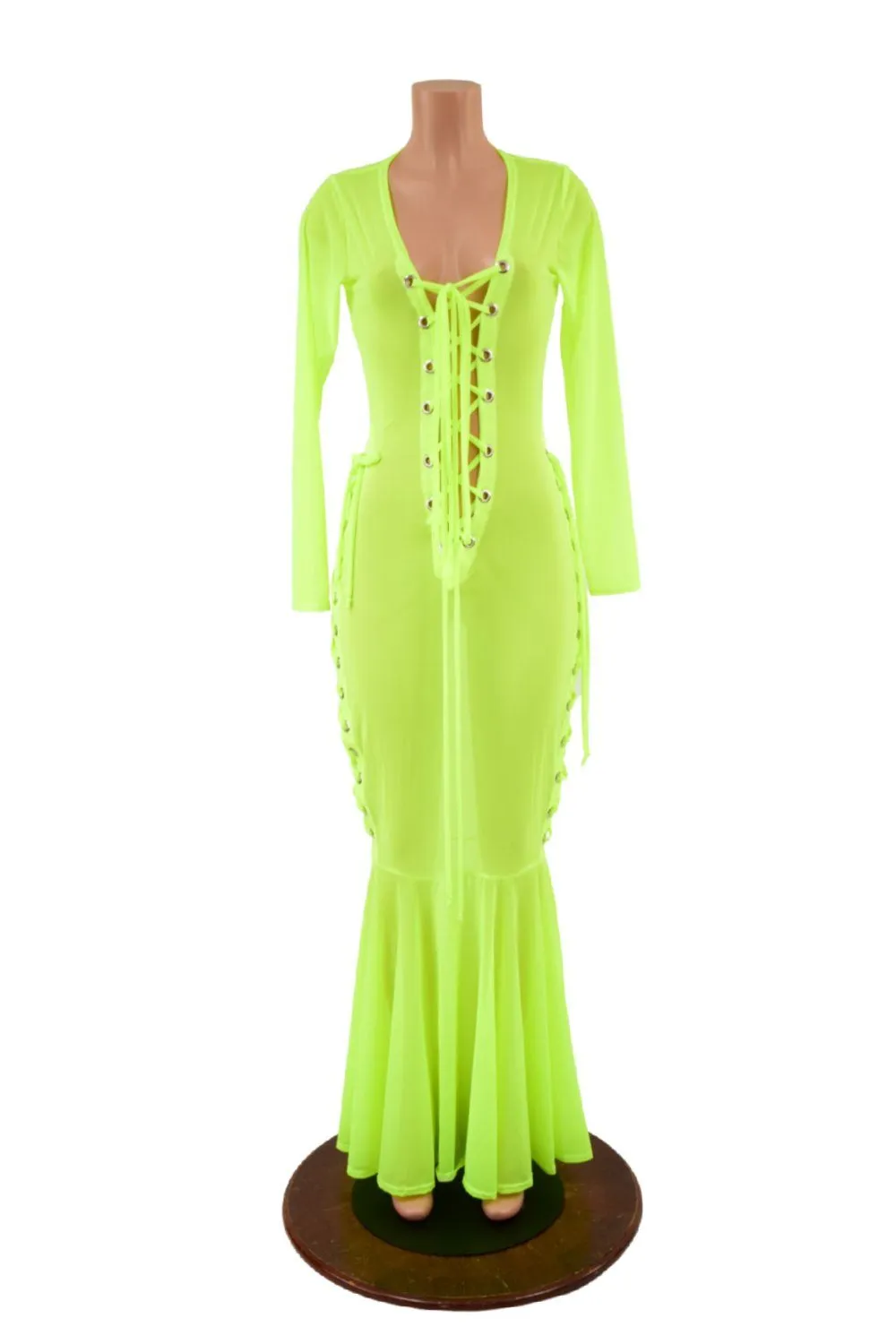 Neon Yellow Mesh Lace Up Gown