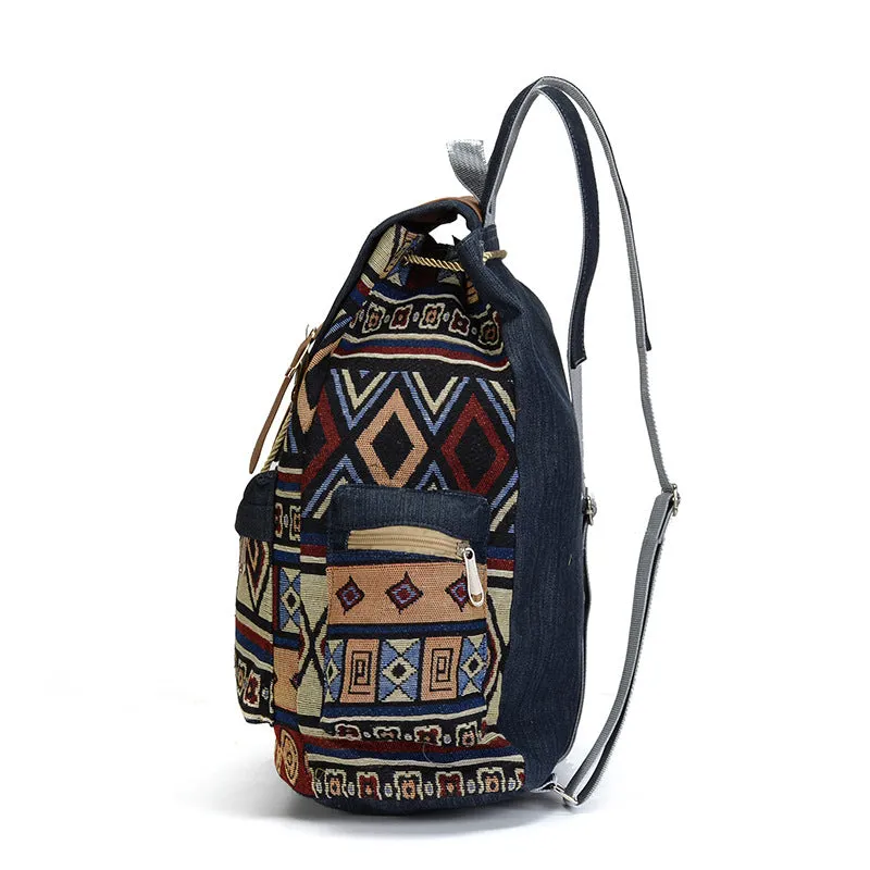 One Piece Dropshipping New Ethnic Style Women's Backpack Denim Contrast Color Backpack Large Capacity Leisure Student Bag