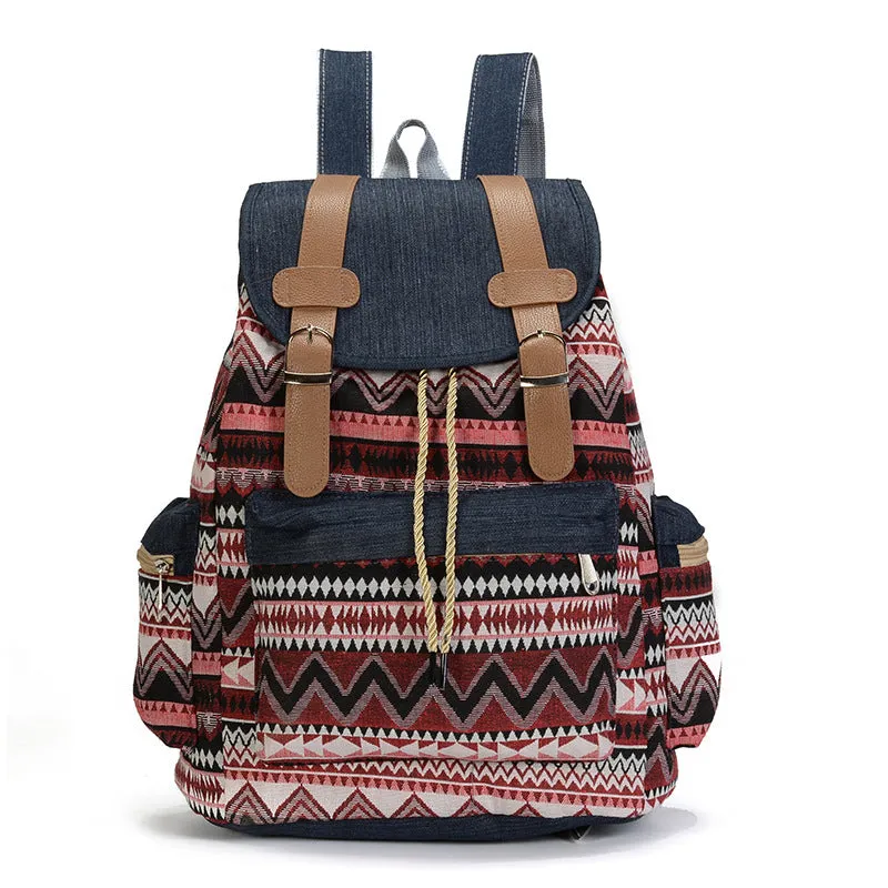 One Piece Dropshipping New Ethnic Style Women's Backpack Denim Contrast Color Backpack Large Capacity Leisure Student Bag