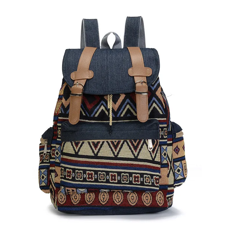 One Piece Dropshipping New Ethnic Style Women's Backpack Denim Contrast Color Backpack Large Capacity Leisure Student Bag