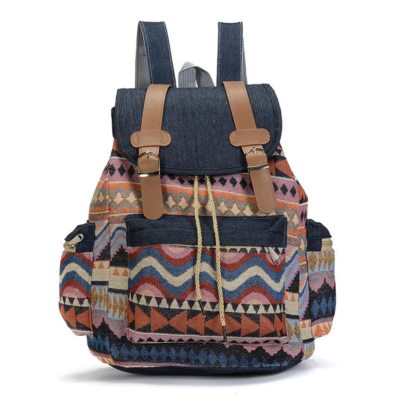 One Piece Dropshipping New Ethnic Style Women's Backpack Denim Contrast Color Backpack Large Capacity Leisure Student Bag