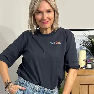 Organic Dark Grey T Shirt with Rainbow Soul Sister Embroidery