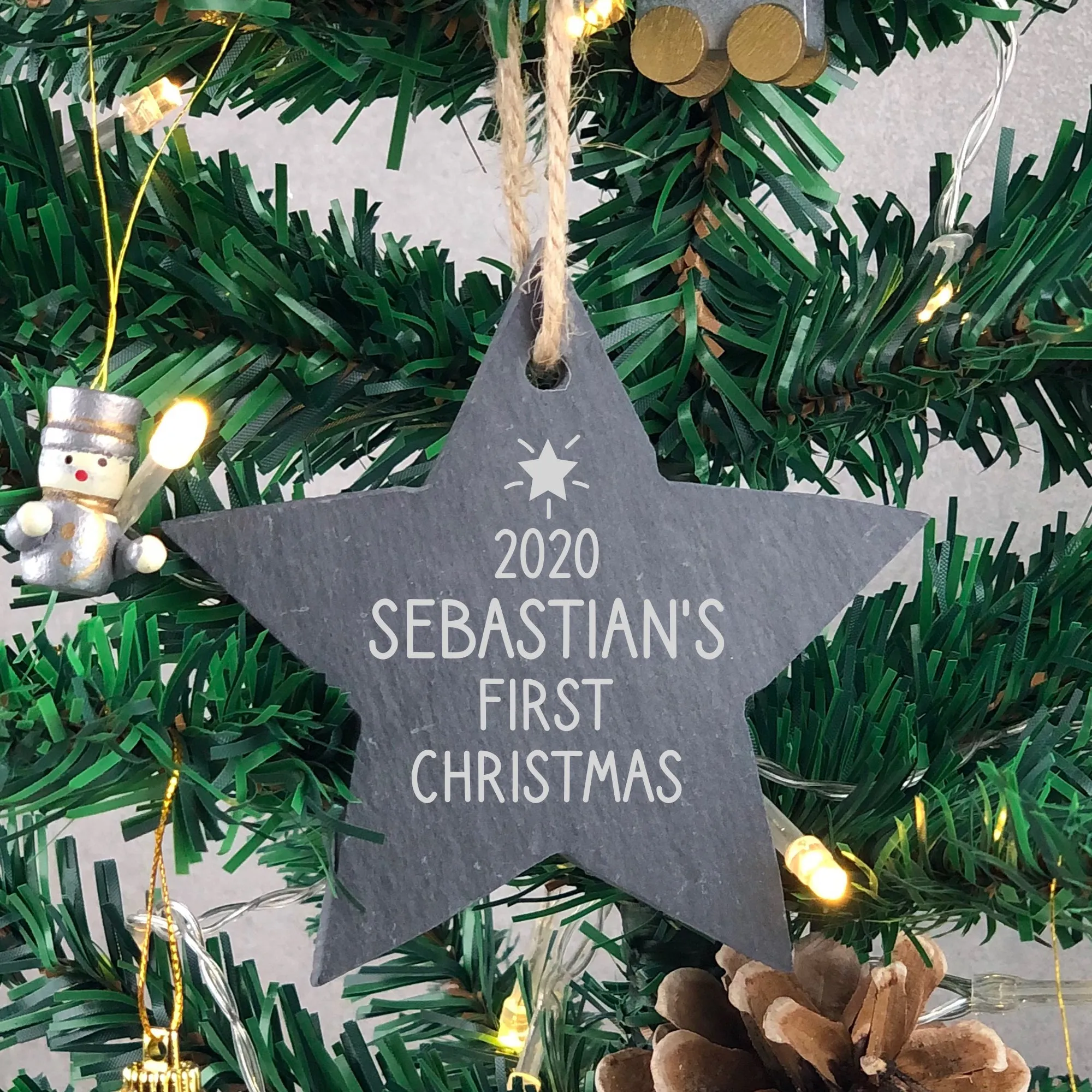 Personalised Baby First Christmas Slate Star Bauble