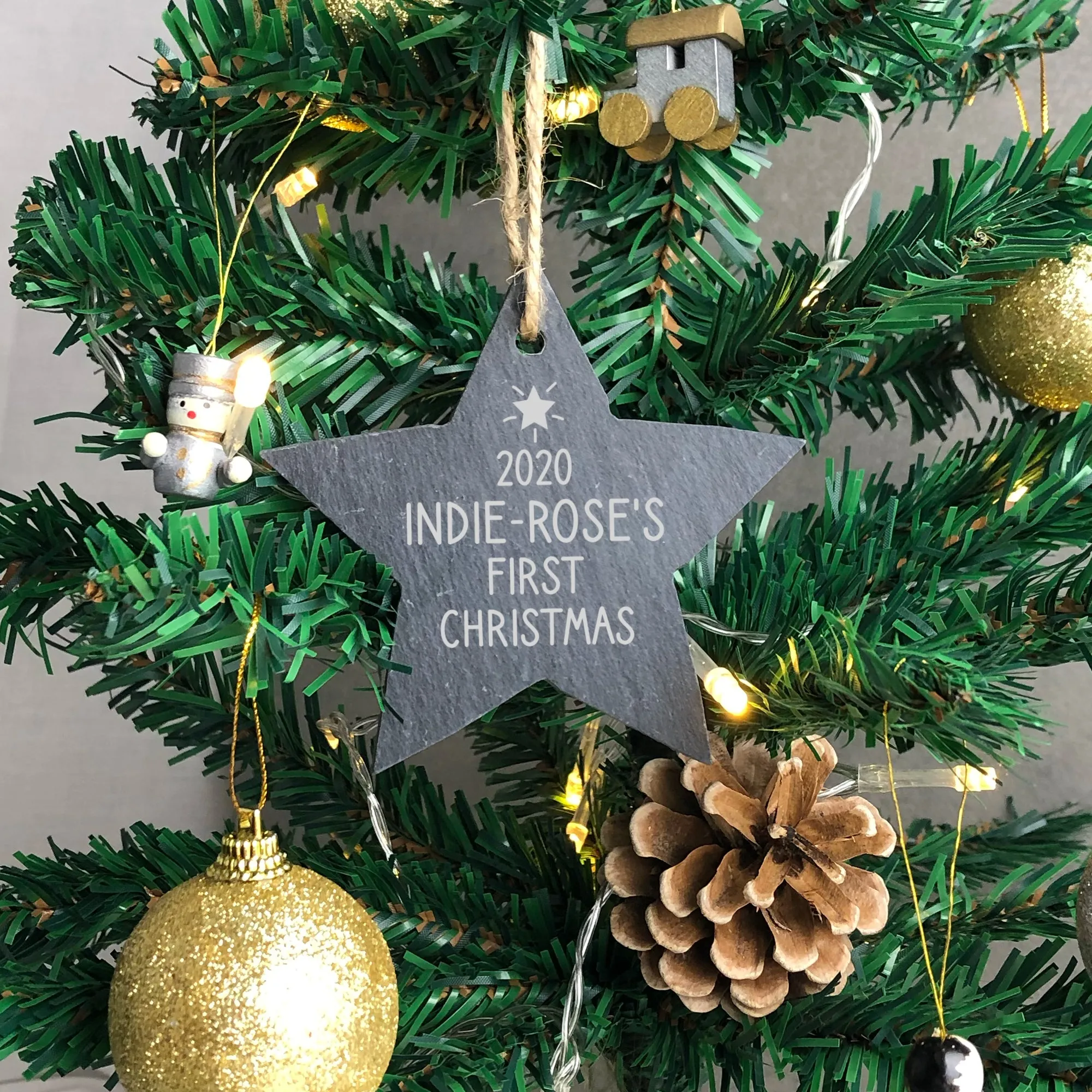 Personalised Baby First Christmas Slate Star Bauble