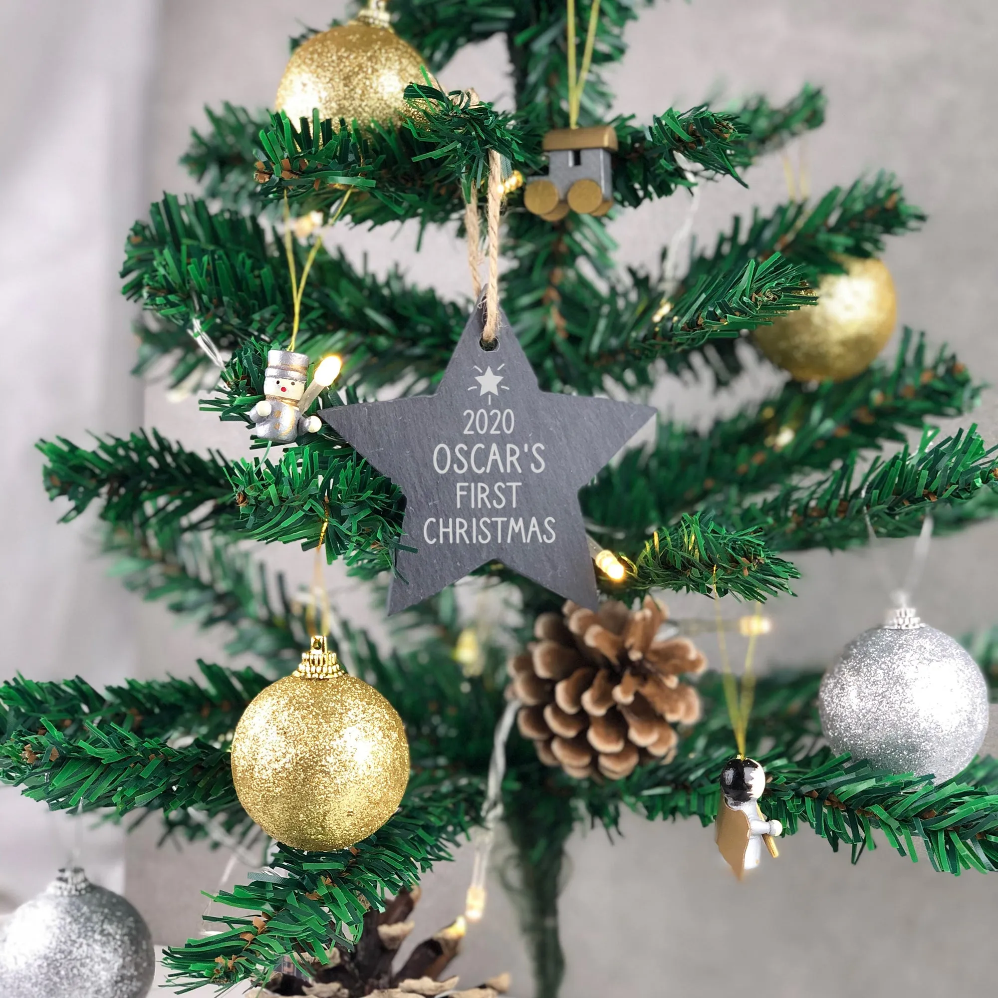 Personalised Baby First Christmas Slate Star Bauble