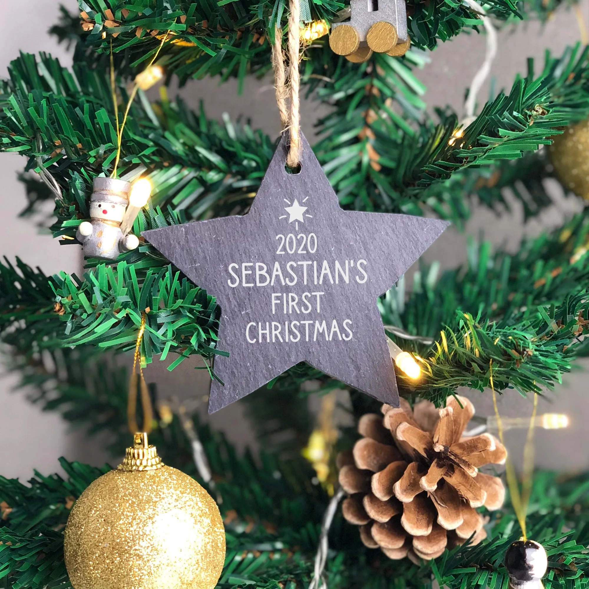 Personalised Baby First Christmas Slate Star Bauble