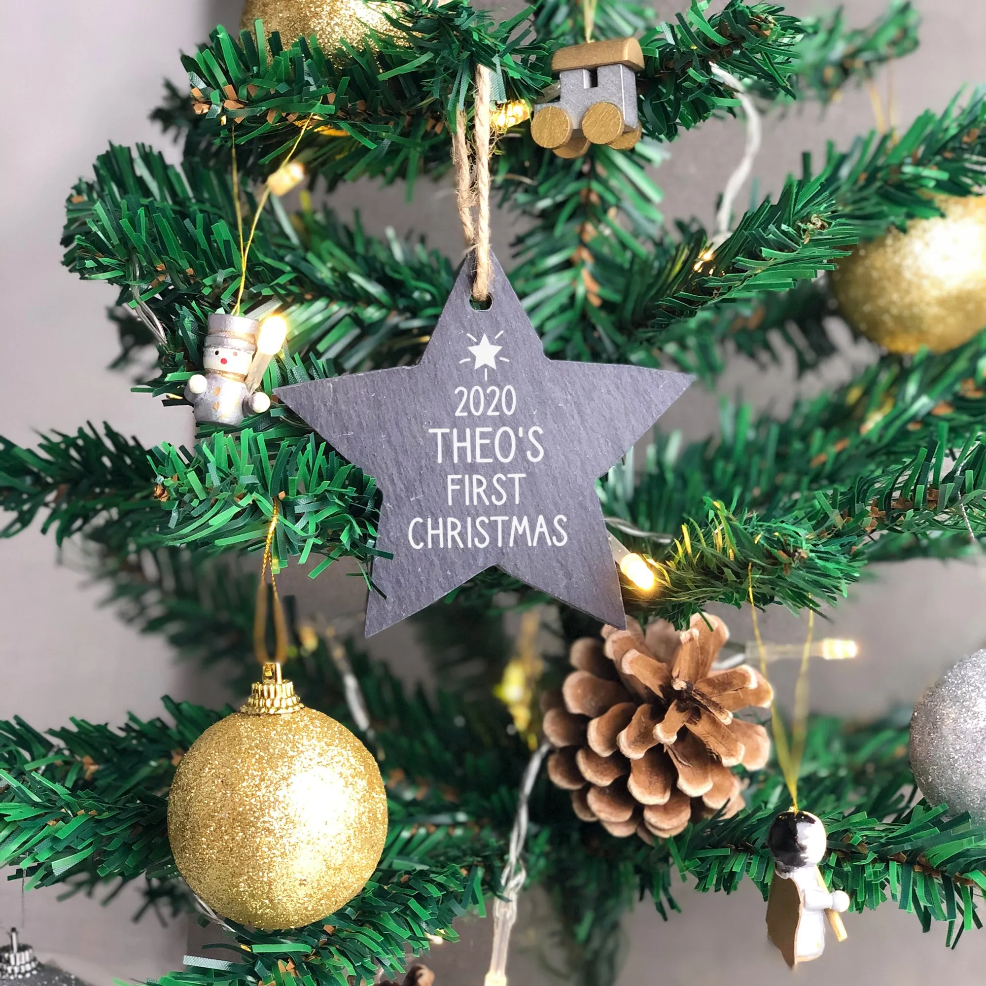 Personalised Baby First Christmas Slate Star Bauble