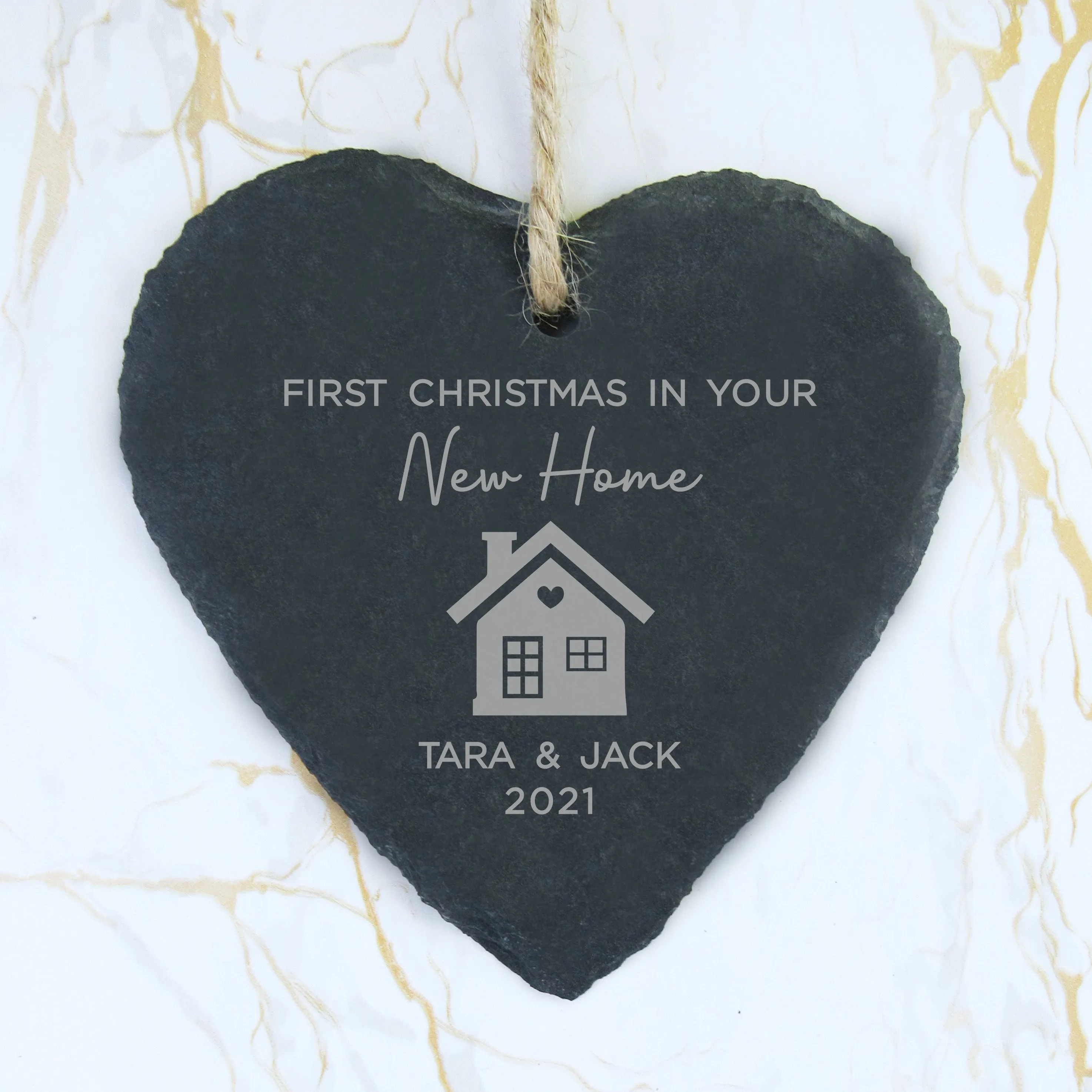Personalised 'First Christmas in New Home' Slate Hanging Heart Decoration