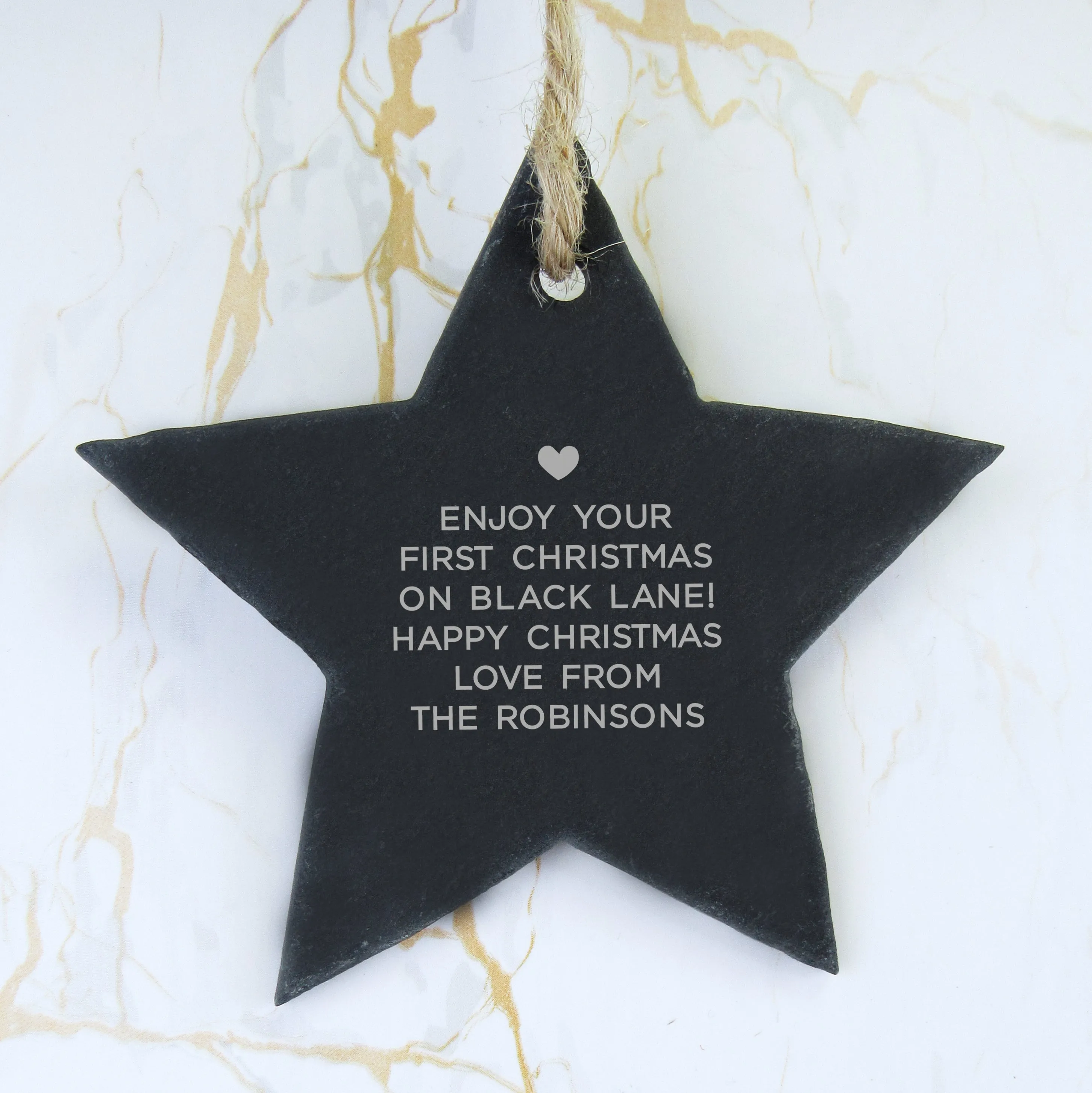 Personalised 'First Christmas in New Home' Slate Hanging Heart Decoration