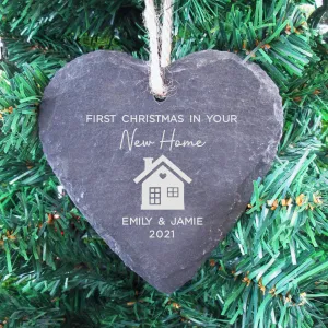 Personalised 'First Christmas in New Home' Slate Hanging Heart Decoration