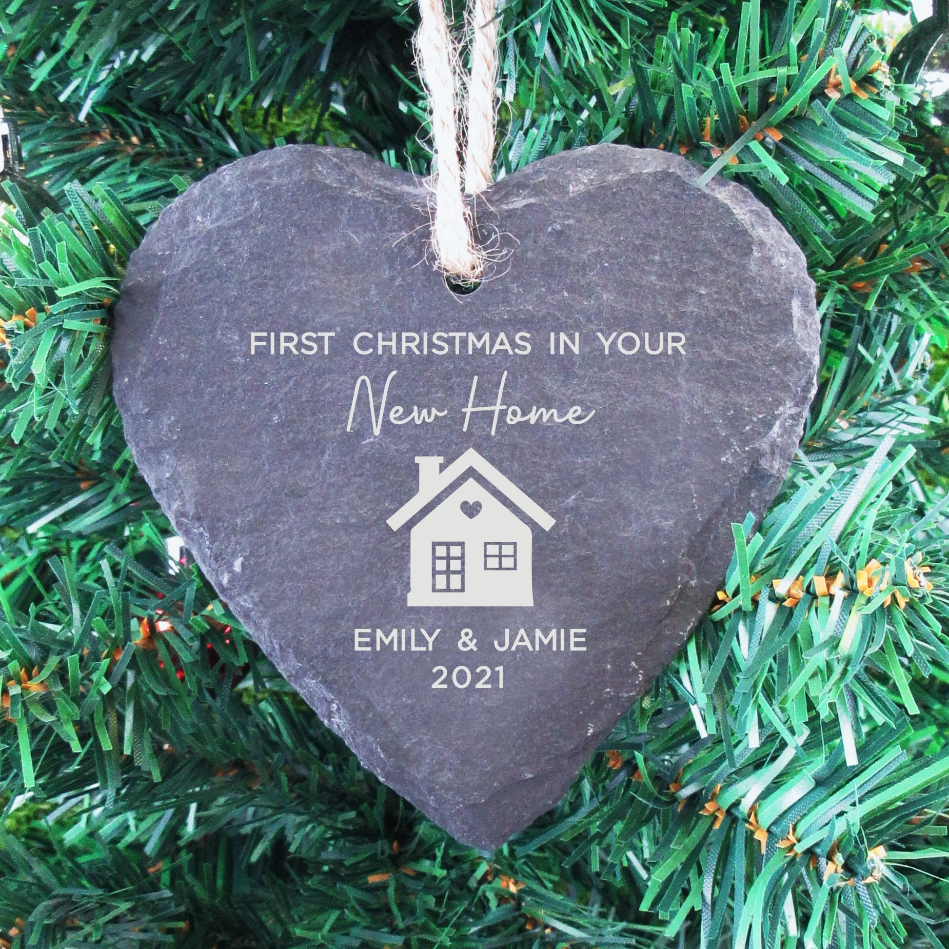 Personalised 'First Christmas in New Home' Slate Hanging Heart Decoration