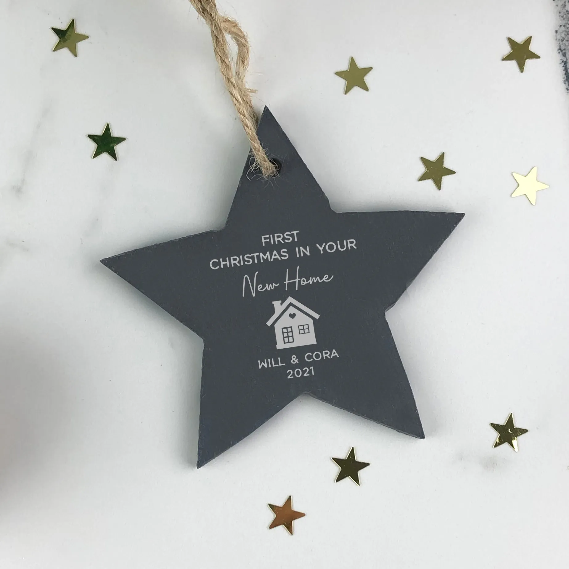 Personalised 'First Christmas in New Home' Slate Hanging Heart Decoration