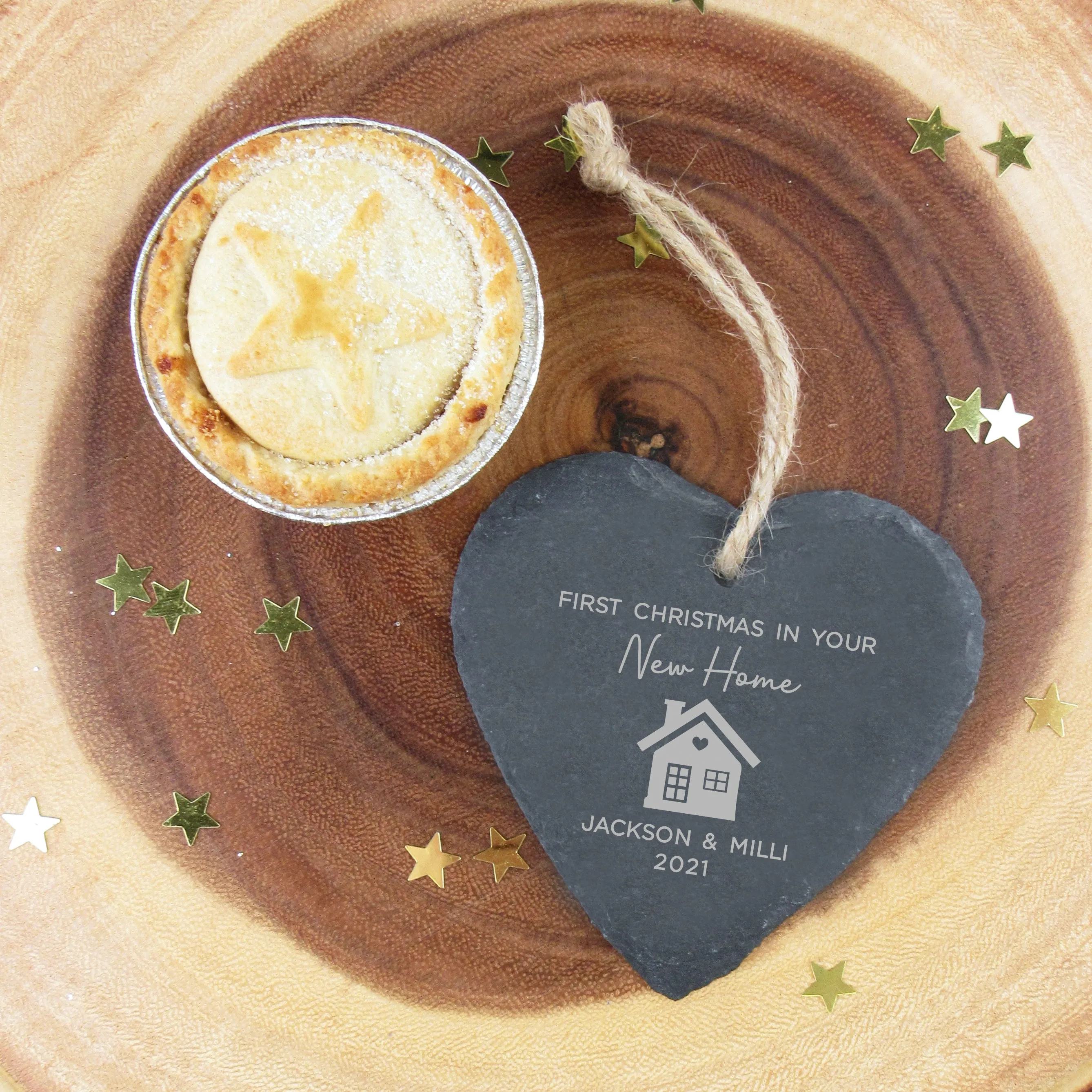 Personalised 'First Christmas in New Home' Slate Hanging Heart Decoration