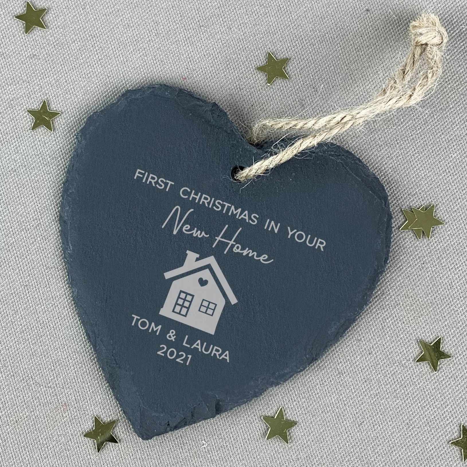 Personalised 'First Christmas in New Home' Slate Hanging Heart Decoration