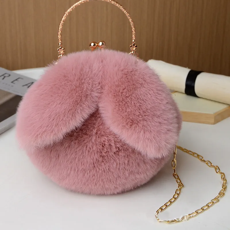 Princess Faux Fur Rabbit Ear Handbag Chain Sling Clutch Bag