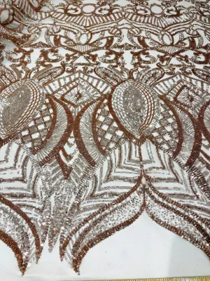 Rose Gold royalty design on a 4 way stretch mesh-prom-sold by the yard.
