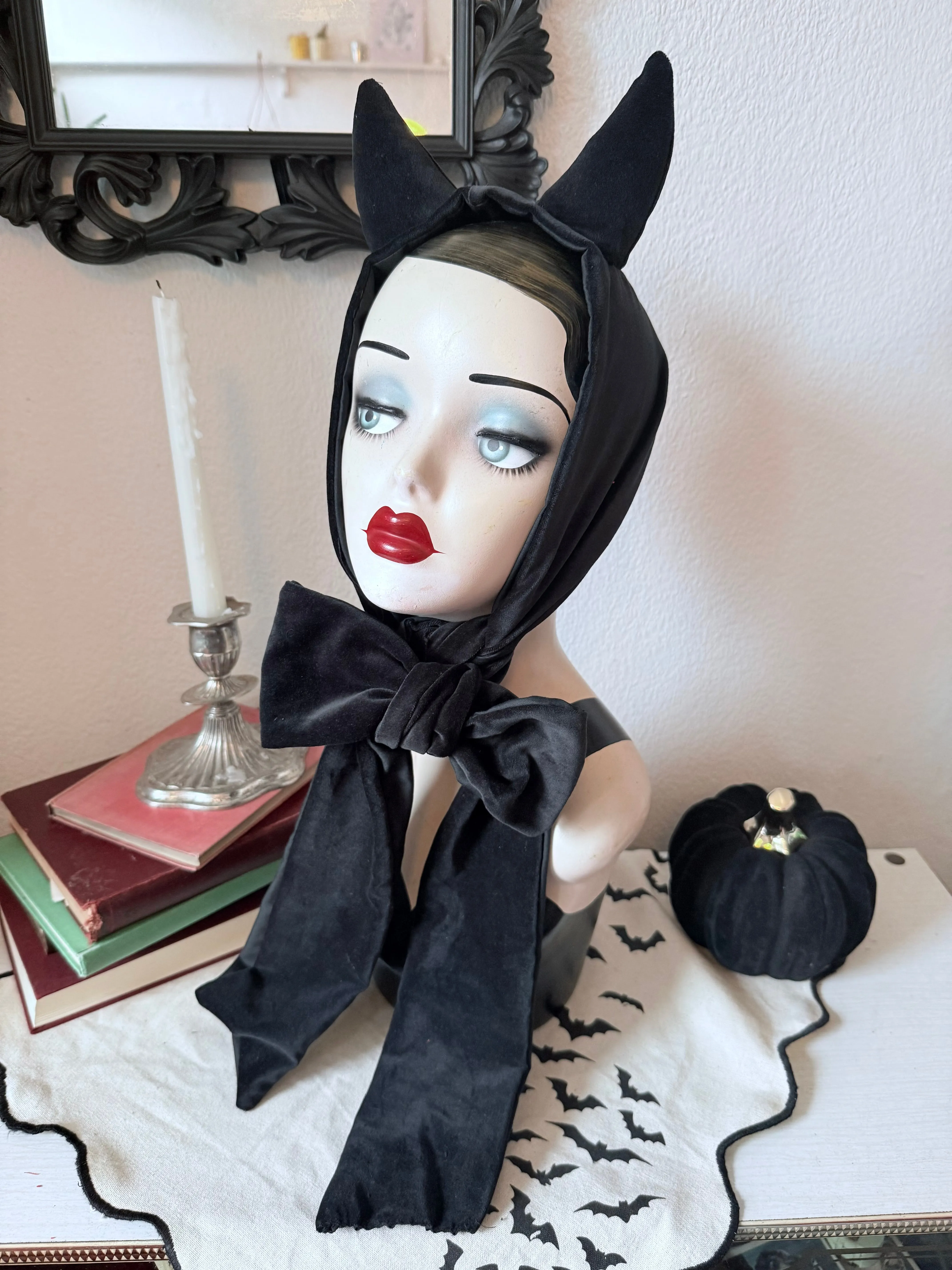 SARAH SPROUT COLLECTION: 
‘Little Devil’ Vintage Devil Horns Headband in Black Velvet (made to order)