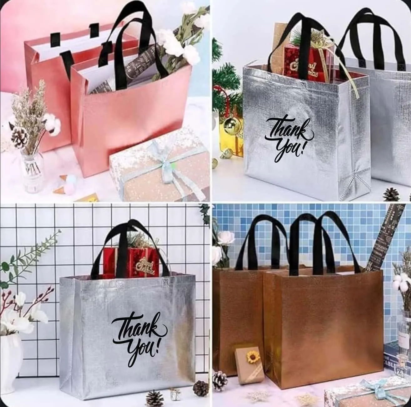 Silver Sparkle Shopping Bag | Carry Bag for Return Gifts | Non-Woven Gift Bags | Tote Bags (Pack of 10 Pcs)