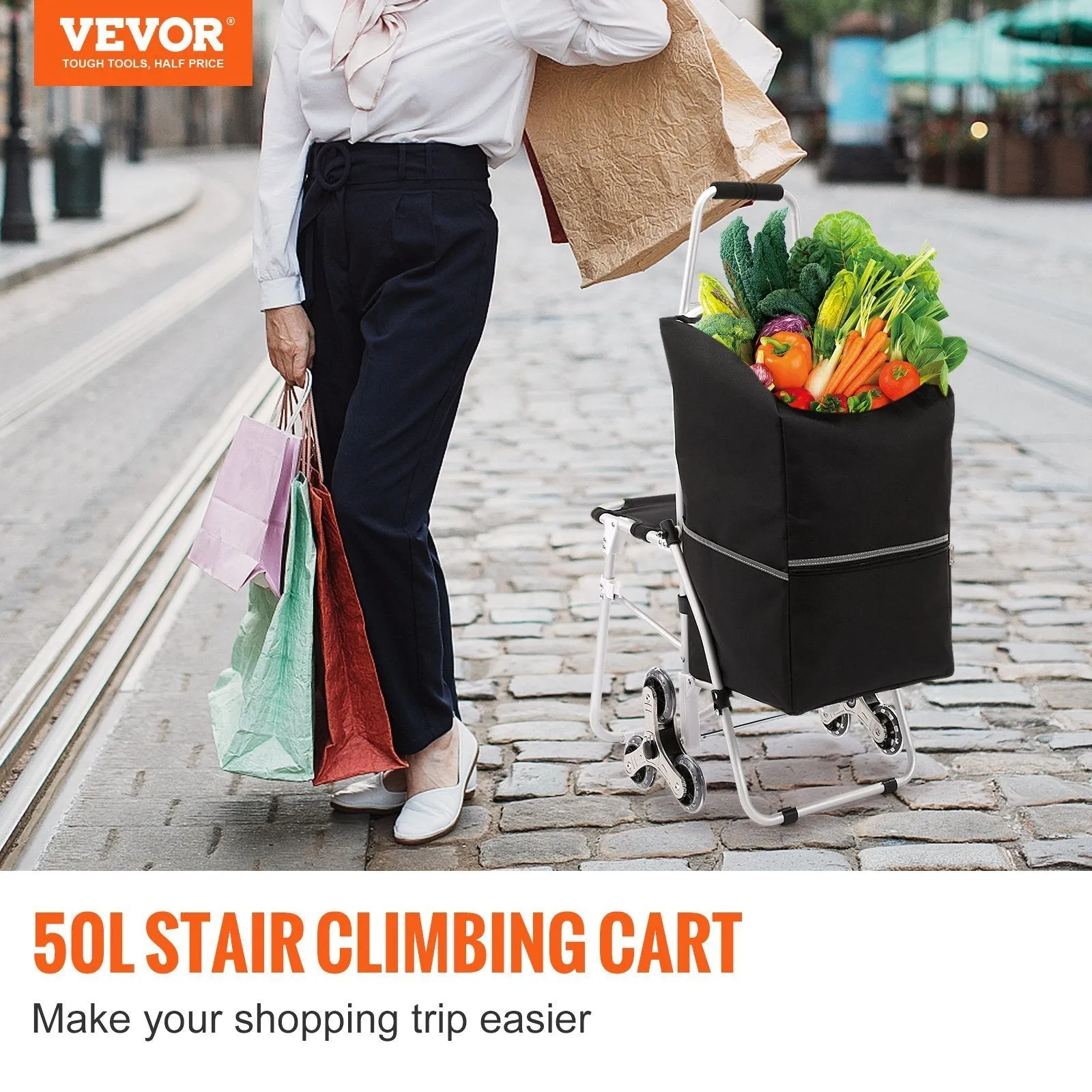 Stair Climbing Cart 50L Foldable Shopping Cart w/ Waterproof Bag & Seat