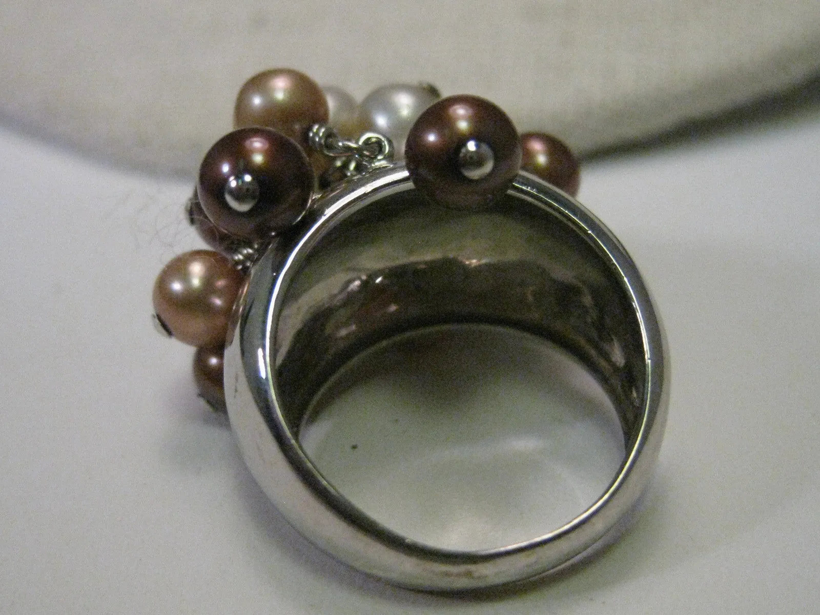 Sterling Silver Ring, Dangling  Pearl Cluster, Faux Tahitian, Mocha, Chocolate & White, sz 6, Boho Appeal