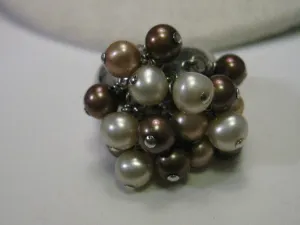 Sterling Silver Ring, Dangling  Pearl Cluster, Faux Tahitian, Mocha, Chocolate & White, sz 6, Boho Appeal