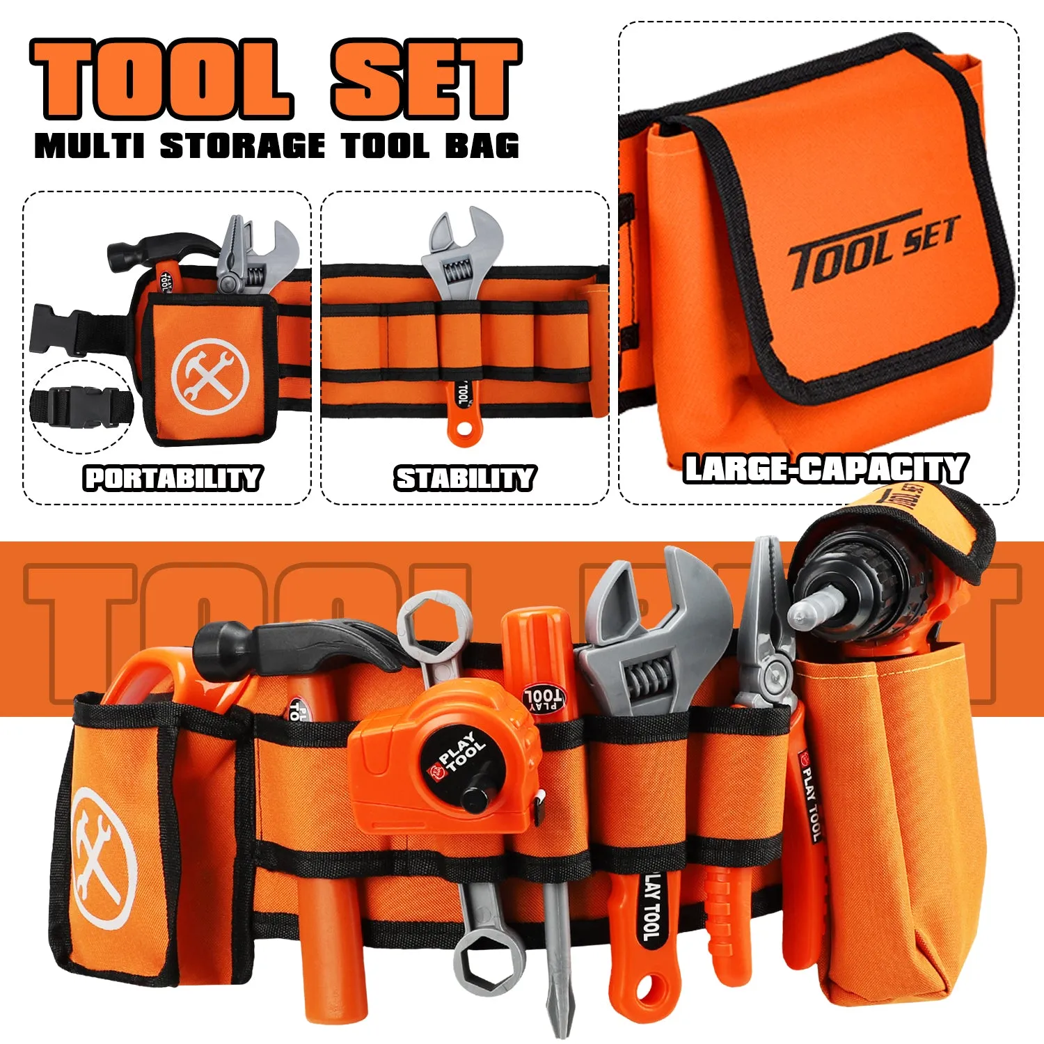 Tool Set with Kids Tool Belt & Electronic Toy Drill