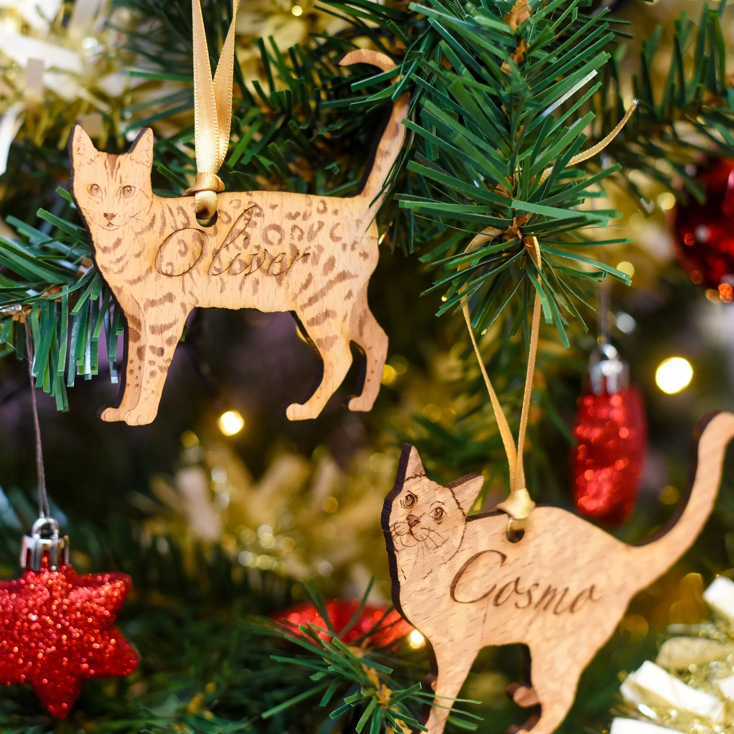 Traditional Wooden Cat Breed Christmas Decoration Personalised