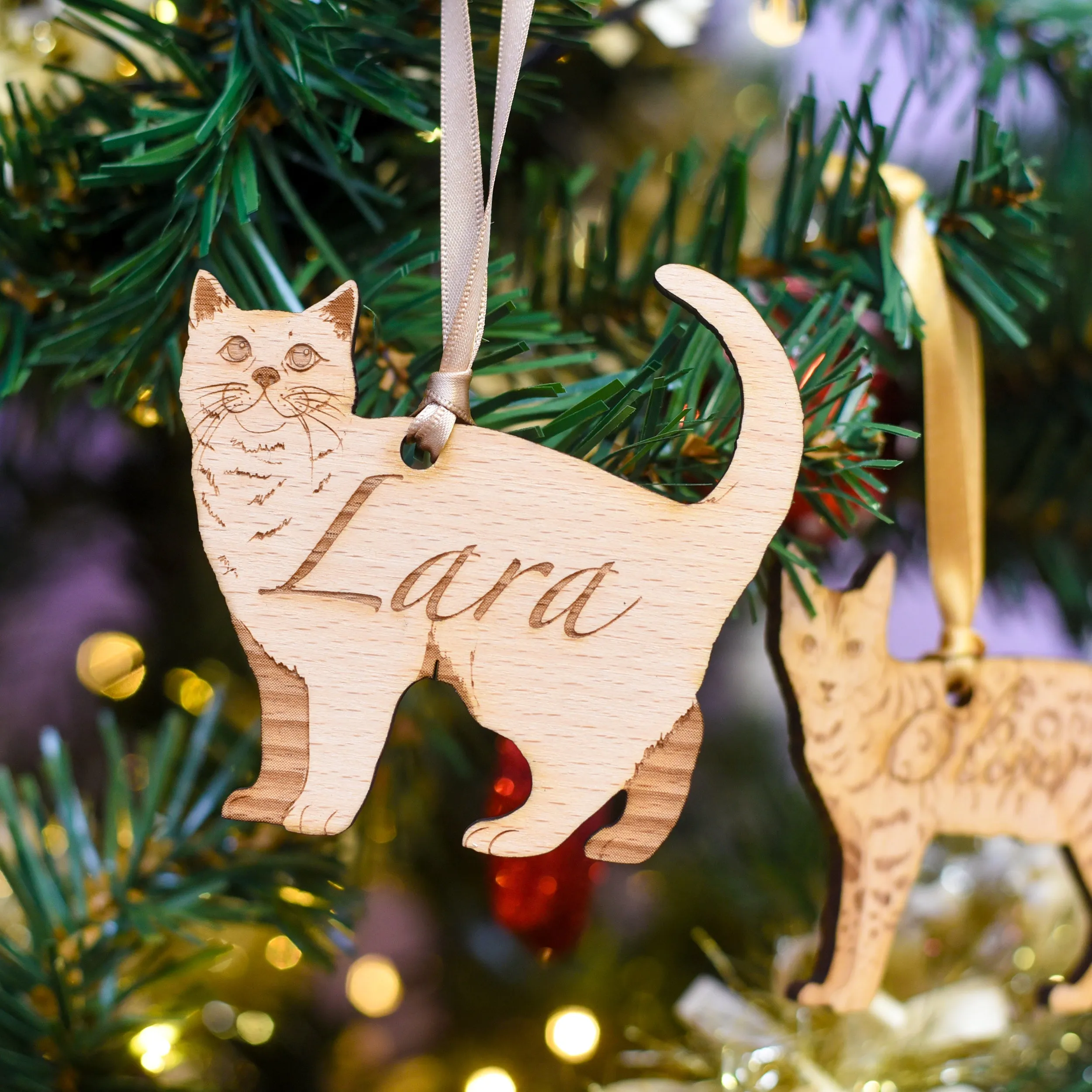 Traditional Wooden Cat Breed Christmas Decoration Personalised