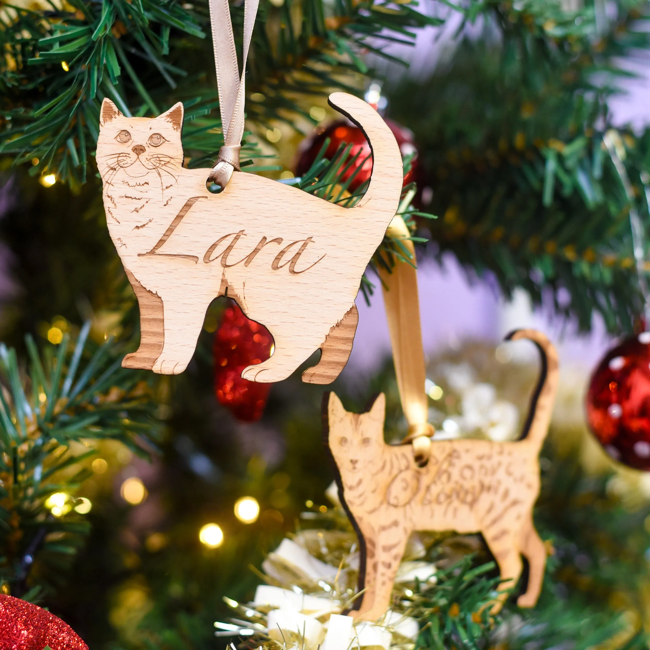 Traditional Wooden Cat Breed Christmas Decoration Personalised