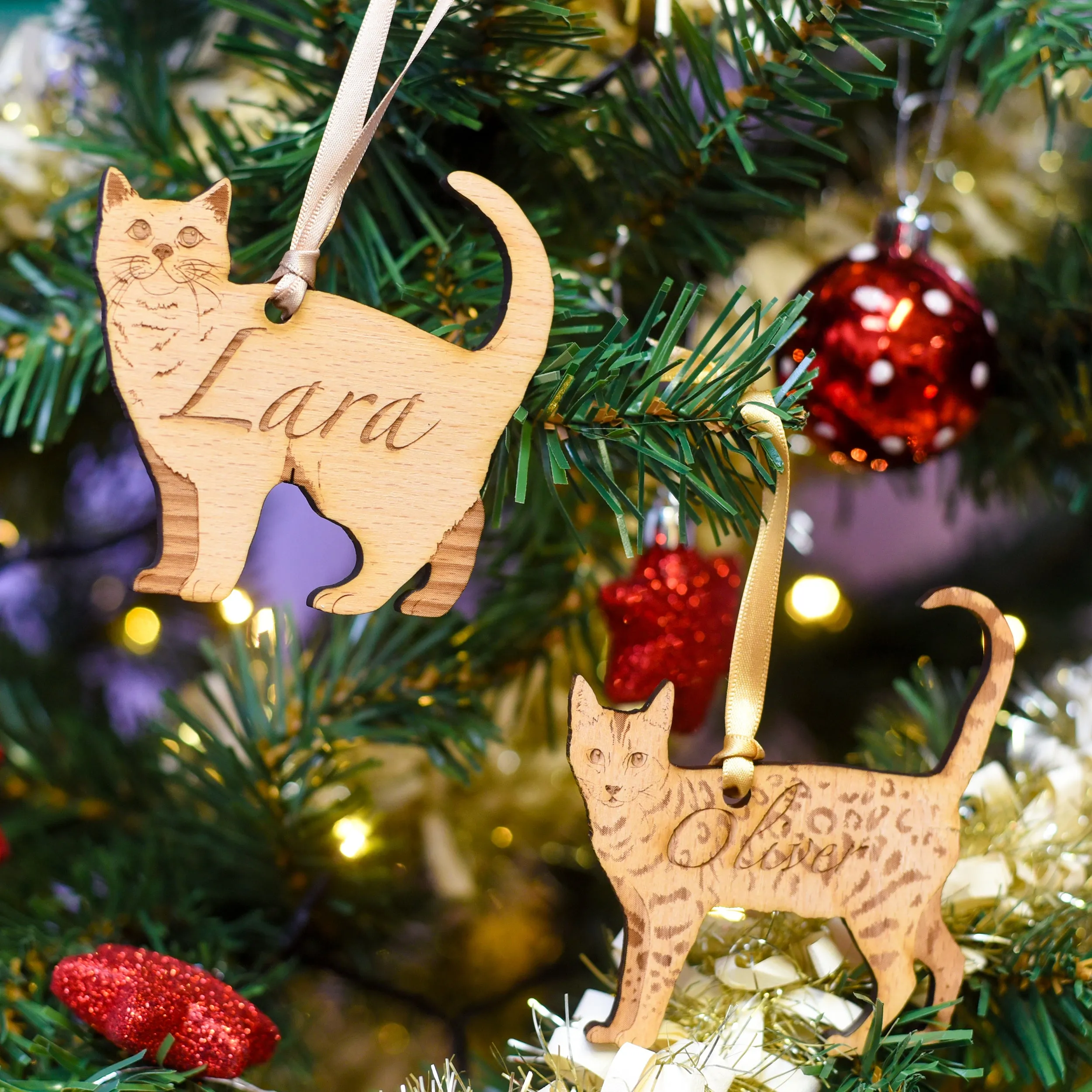 Traditional Wooden Cat Breed Christmas Decoration Personalised