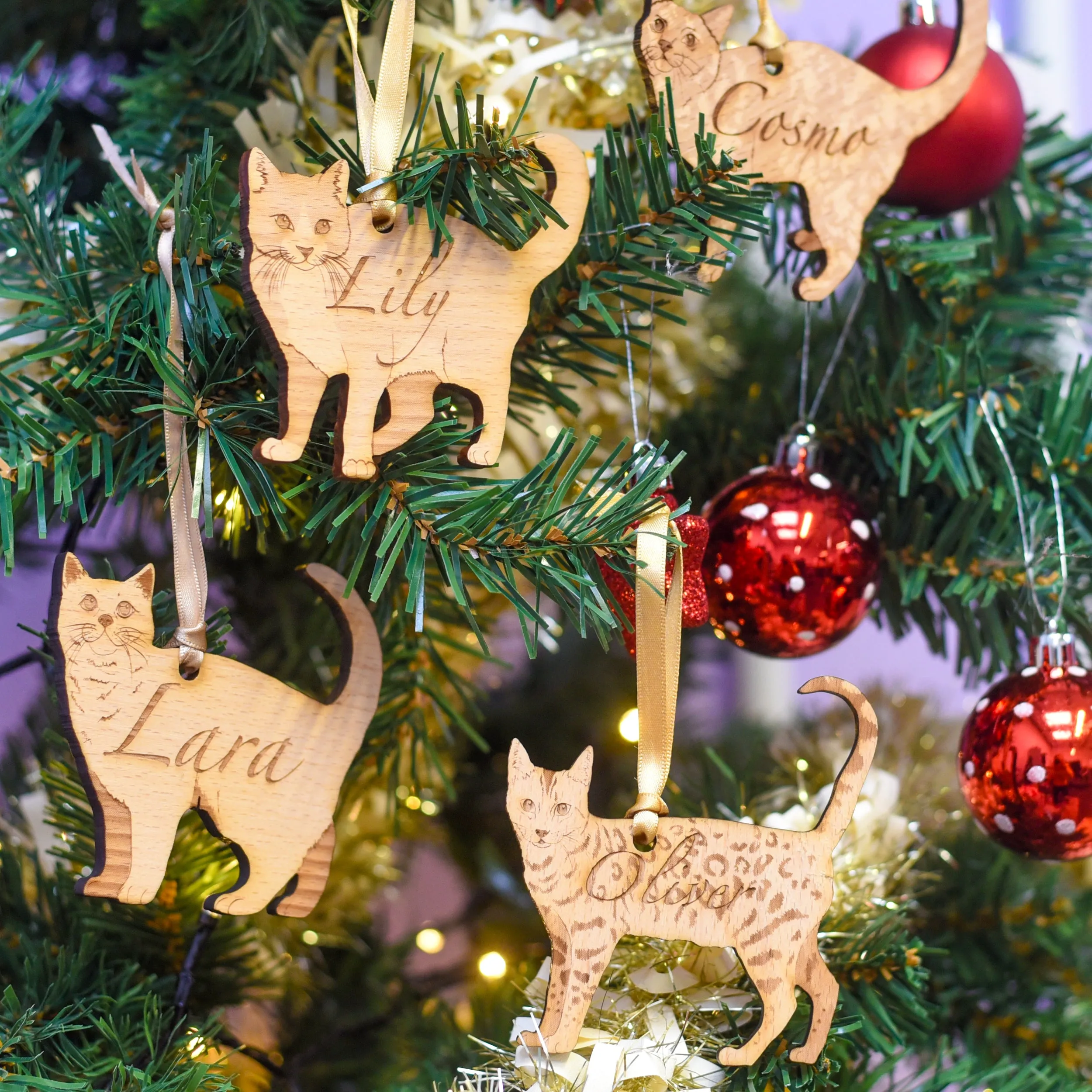 Traditional Wooden Cat Breed Christmas Decoration Personalised