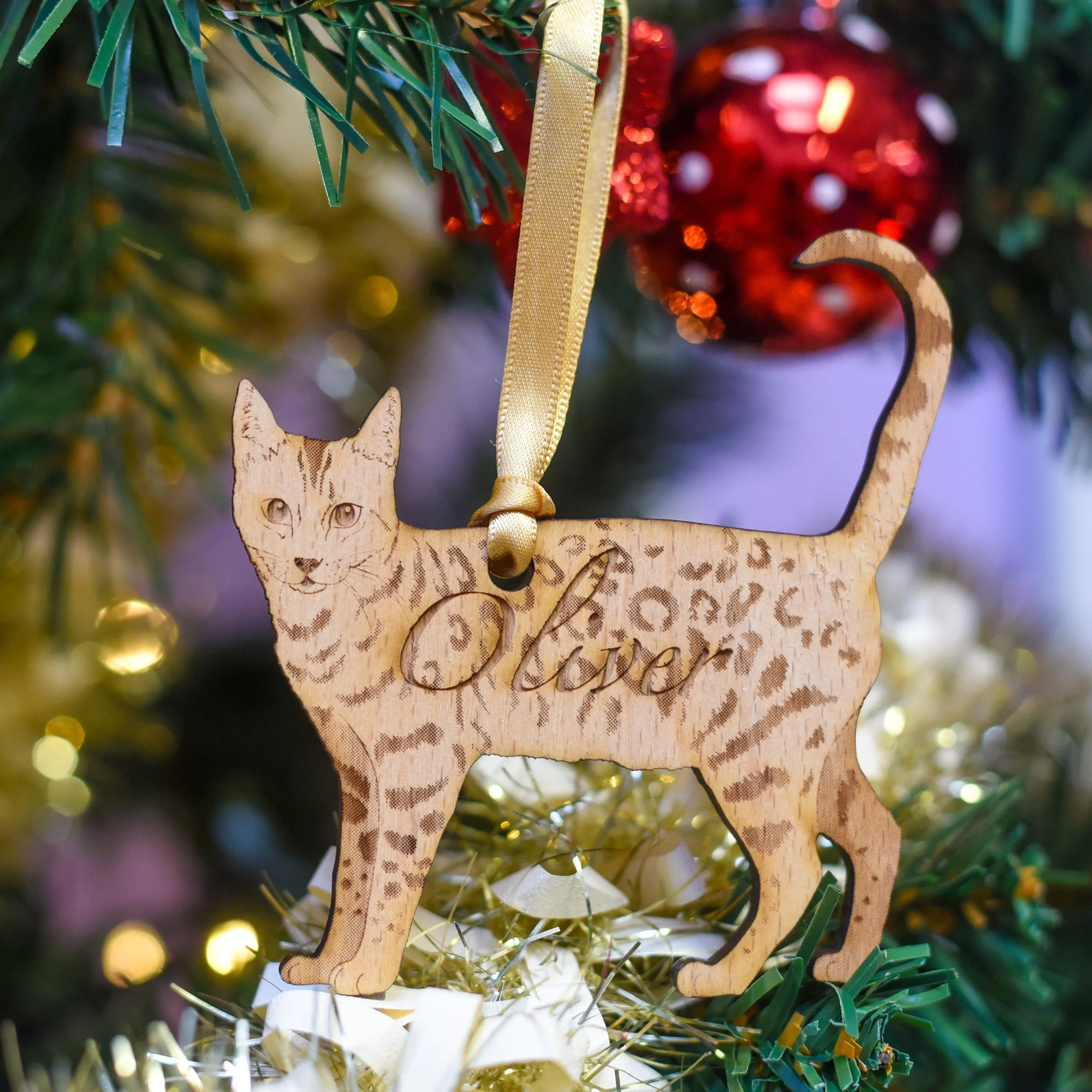 Traditional Wooden Cat Breed Christmas Decoration Personalised