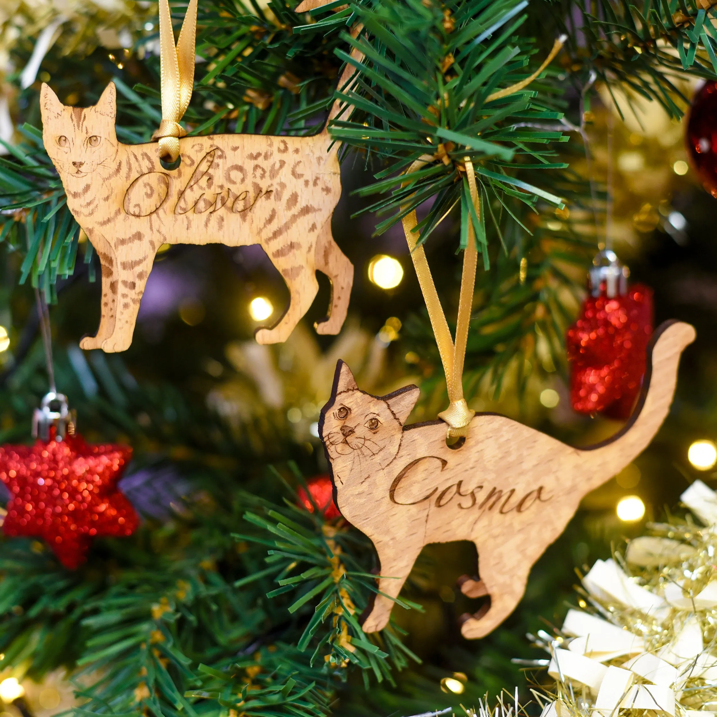 Traditional Wooden Cat Breed Christmas Decoration Personalised