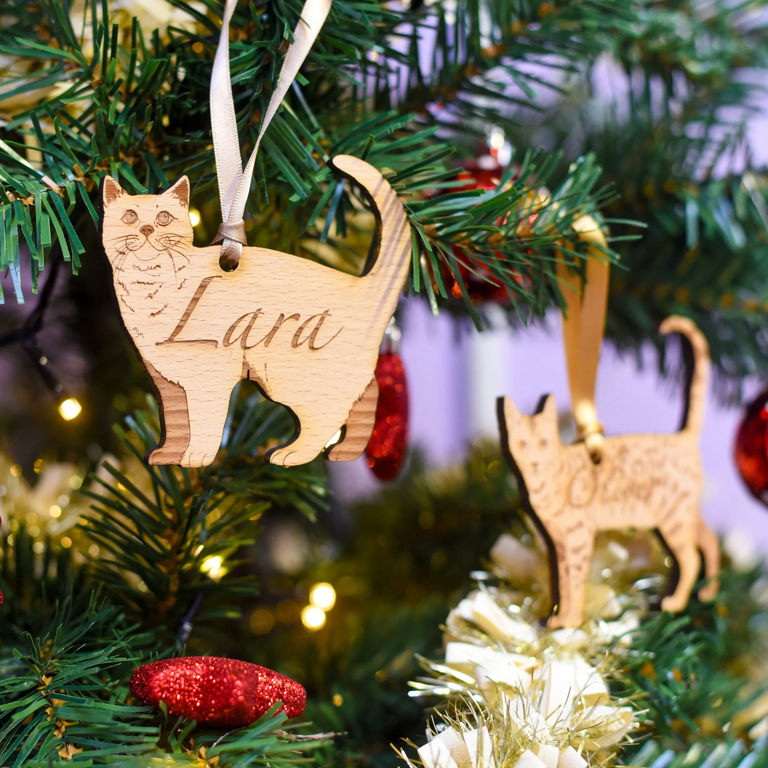 Traditional Wooden Cat Breed Christmas Decoration Personalised