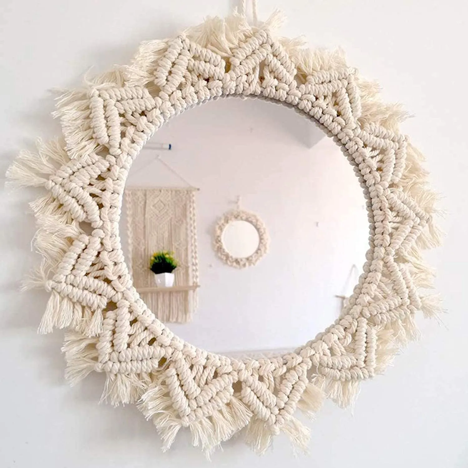 UROOZ Macrame Mirror Wall Hanging Boho Decorative Round Mirror for Bedroom Bohemian Décor for Wall Mounted Living Room Bedroom Kitchen Baby Nursery ,Makeup Room (Cream White)